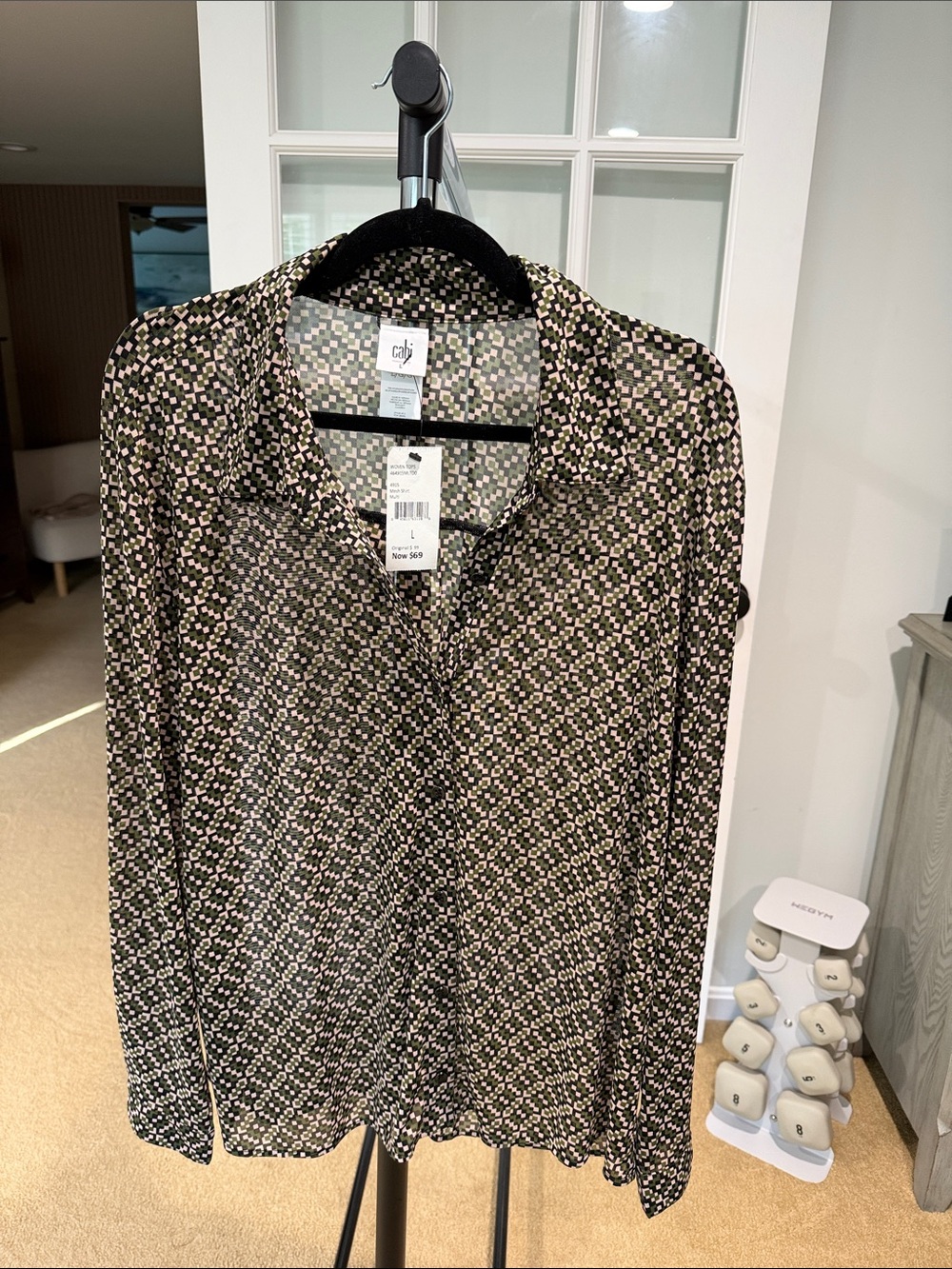 NWT CAbi 4915 Mesh Shirt Multi Geometric Button-Front Shirt